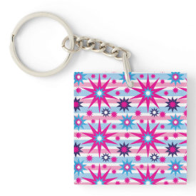 Bright Fun Hot Pink Blue Stars Snowflakes Striped Square Acrylic Key Chain