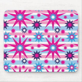 Bright Fun Hot Pink Blue Stars Snowflakes Striped Mouse Pad