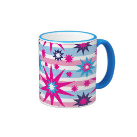 Bright Fun Hot Pink Blue Stars Snowflakes Striped Mugs