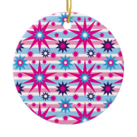 Bright Fun Hot Pink Blue Stars Snowflakes Striped Christmas Ornament