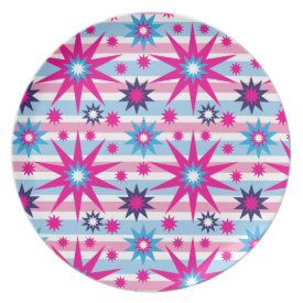 Bright Fun Hot Pink Blue Stars Snowflakes Striped Party Plates