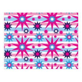 Bright Fun Hot Pink Blue Stars Snowflakes Striped Postcard