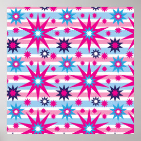 Bright Fun Hot Pink Blue Stars Snowflakes Striped Posters