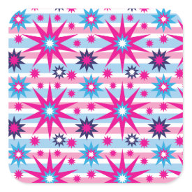 Bright Fun Hot Pink Blue Stars Snowflakes Striped Square Stickers