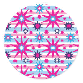 Bright Fun Hot Pink Blue Stars Snowflakes Striped Sticker