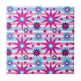 Bright Fun Hot Pink Blue Stars Snowflakes Striped Tile