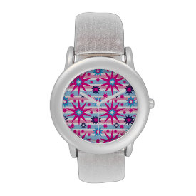 Bright Fun Hot Pink Blue Stars Snowflakes Striped Wrist Watches