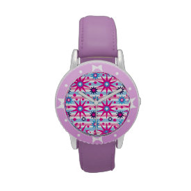 Bright Fun Hot Pink Blue Stars Snowflakes Striped Watch