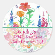 Bright Garden Address Sticker Dragonfly Flower Art