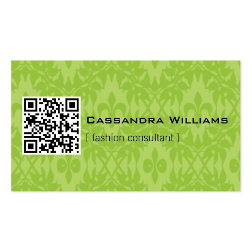 Bright Green Damask QR CODE Business Cards (front side)
