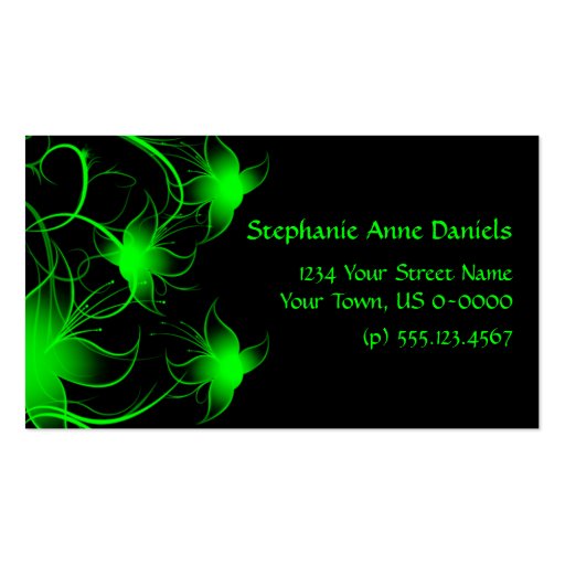 Bright Green Swirly Flowers on Black Business Card