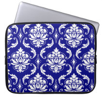 Bright Navy Blue Damask Pattern laptop sleeves