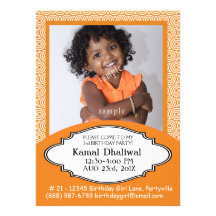 Bright Orange Easy Photo Birthday Party Custom Invitations