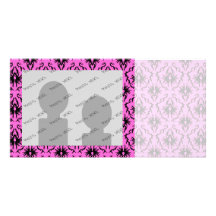 Bright Pink and Black Damask pattern. Customized Photo Card