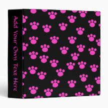 Bright Pink and Black Paw Print Pattern. Binders
