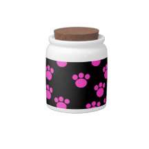Bright Pink and Black Paw Print Pattern. Candy Dishes