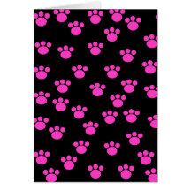 Bright Pink and Black Paw Print Pattern. Greeting Cards
