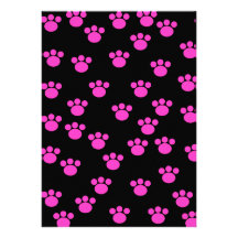 Bright Pink and Black Paw Print Pattern. Custom Invite