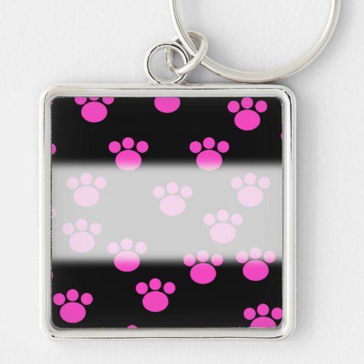 Bright Pink and Black Paw Print Pattern. Keychain