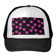 Bright Pink and Black Paw Print Pattern. Mesh Hats
