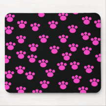 Bright Pink and Black Paw Print Pattern. Mouse Pads