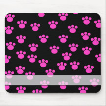 Bright Pink and Black Paw Print Pattern. Mousepads