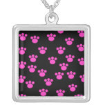 Bright Pink and Black Paw Print Pattern. Necklace