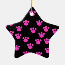Bright Pink and Black Paw Print Pattern. Christmas Tree Ornaments