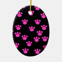 Bright Pink and Black Paw Print Pattern. Christmas Ornament