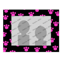Bright Pink and Black Paw Print Pattern. Postcards