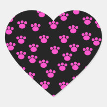 Bright Pink and Black Paw Print Pattern. Heart Stickers