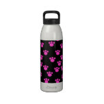 Bright Pink and Black Paw Print Pattern. Water Bottles