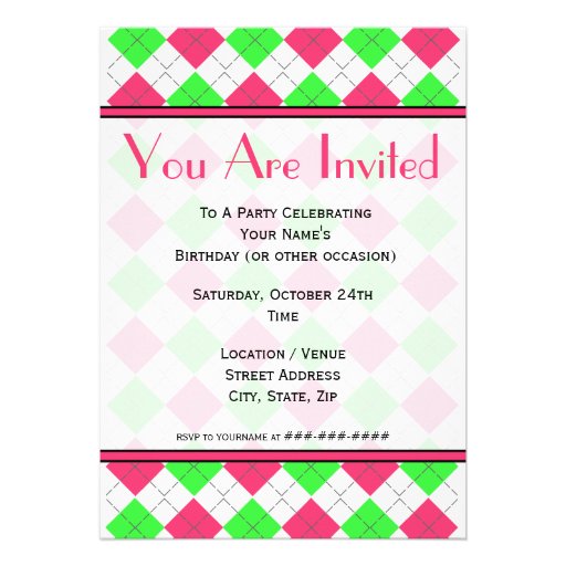 Bright Pink and Green Argyle Fashion Invitation (front side)