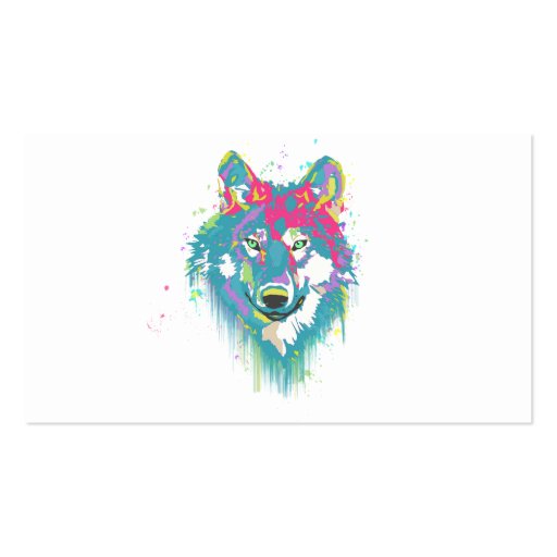 Bright Pink Blue Neon Watercolors Splatters Wolf Business Card Template (front side)