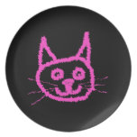 Bright Pink Cat on Black. Dinner Plates