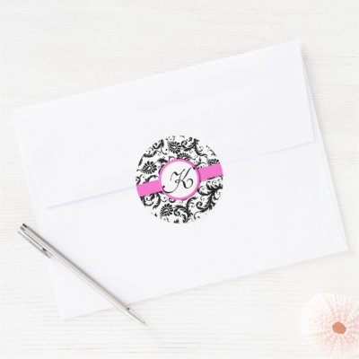 Bright Pink Damask Vintage Floral Wedding Stickers