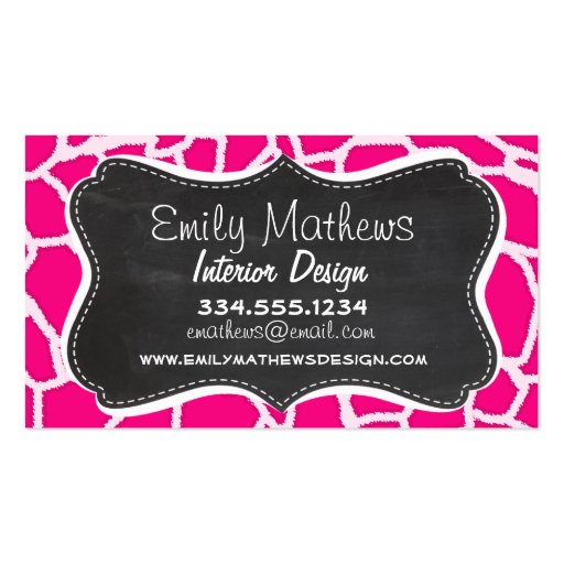 Bright Pink Giraffe Animal Print; Retro Chalkboard Business Card