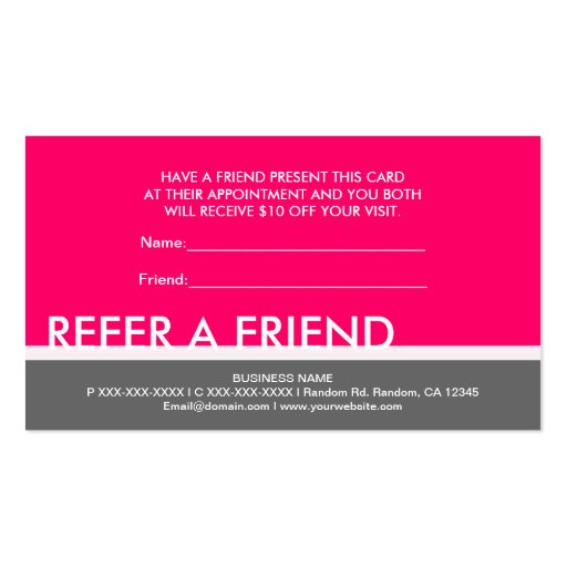 Bright pink gray simple refer a friend cards business card