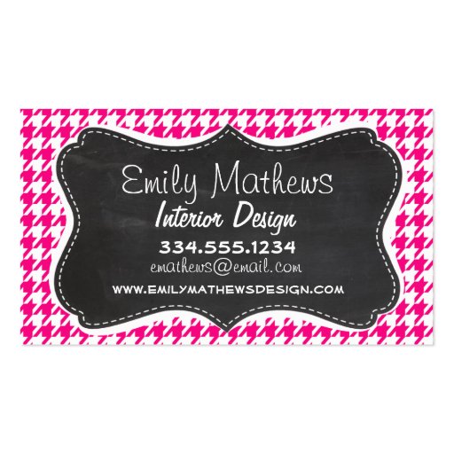 Bright Pink Houndstooth; Chalkboard look Business Card Templates (front side)