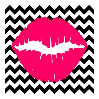 Bright Pink Lips on Black and White Zigzag Poster