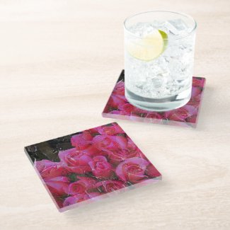 Bright Pink Roses Painted Glass Coaster