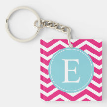 Bright Pink White Chevron Blue Monogram Acrylic Key Chain