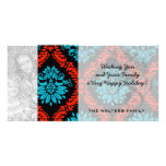 bright red and aqua blue black ornate damask customized photo card
