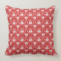 Bright Red and White Damask Pattern. Throw Pillows