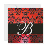 BRIGHT RED BLACK CLASSY DAMASK MONOGRAM , white Invites