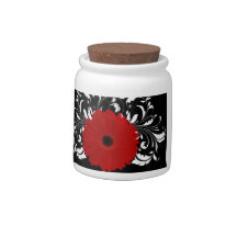 Bright Red Gerbera Daisy on Black Candy Dish