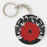 Bright Red Gerbera Daisy on Black Keychain