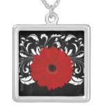 Bright Red Gerbera Daisy on Black Necklaces