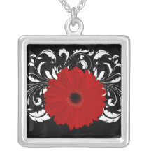 Bright Red Gerbera Daisy on Black Necklaces