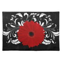Bright Red Gerbera Daisy on Black Place Mats